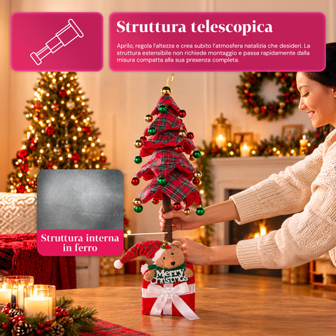Decoratieve uitschuifbare kerstboom van 95 cm en 90 cm van polyester met geschenkdoosvoet en rode, groene en gouden kerstballen – 3 kleurvarianten