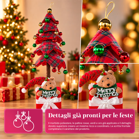 Decoratieve uitschuifbare kerstboom van 95 cm en 90 cm van polyester met geschenkdoosvoet en rode, groene en gouden kerstballen – 3 kleurvarianten