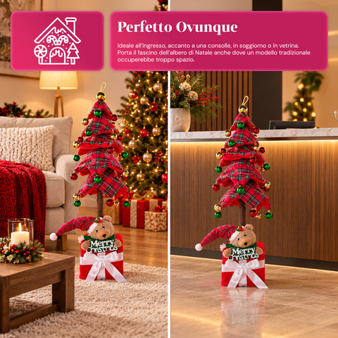 Decoratieve uitschuifbare kerstboom van 95 cm en 90 cm van polyester met geschenkdoosvoet en rode, groene en gouden kerstballen – 3 kleurvarianten
