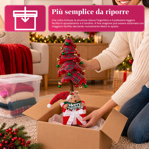 Decoratieve uitschuifbare kerstboom van 95 cm en 90 cm van polyester met geschenkdoosvoet en rode, groene en gouden kerstballen – 3 kleurvarianten