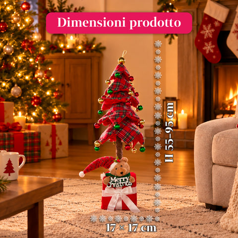 Decoratieve uitschuifbare kerstboom van 95 cm en 90 cm van polyester met geschenkdoosvoet en rode, groene en gouden kerstballen – 3 kleurvarianten