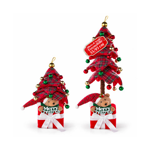 Decoratieve uitschuifbare kerstboom van 95 cm en 90 cm van polyester met geschenkdoosvoet en rode, groene en gouden kerstballen – 3 kleurvarianten
