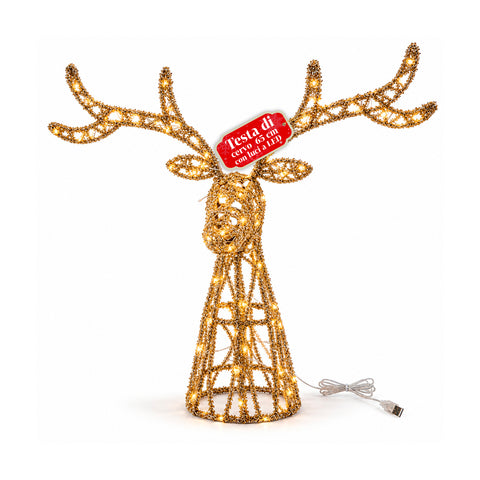 Lichtgevend hert met gouden ledglitters, kerstdecoratie van ijzer en polyethyleen, warm licht via USB, 3 maten: 65, 85 en 110 cm