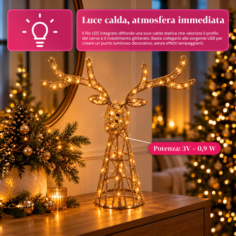 Lichtgevend hert met gouden ledglitters, kerstdecoratie van ijzer en polyethyleen, warm licht via USB, 3 maten: 65, 85 en 110 cm