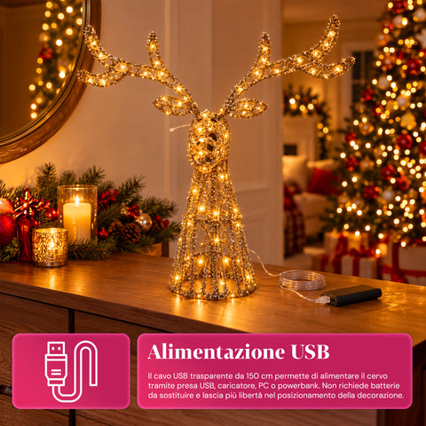 Lichtgevend hert met gouden ledglitters, kerstdecoratie van ijzer en polyethyleen, warm licht via USB, 3 maten: 65, 85 en 110 cm