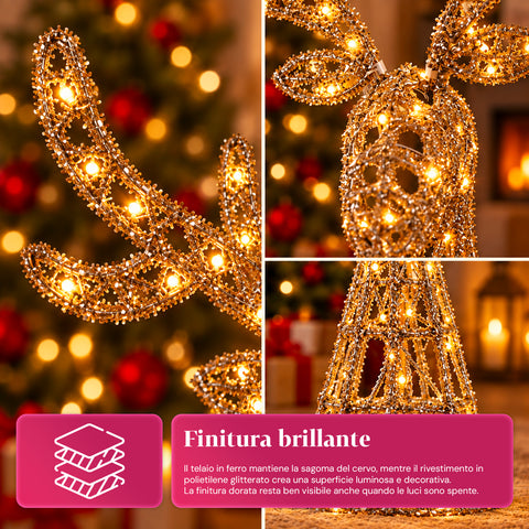 Lichtgevend hert met gouden ledglitters, kerstdecoratie van ijzer en polyethyleen, warm licht via USB, 3 maten: 65, 85 en 110 cm