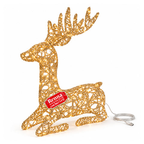 Lichtgevend hert met gouden ledglitters, kerstdecoratie van ijzer en polyethyleen, warm licht via USB, 3 maten: 65, 85 en 110 cm