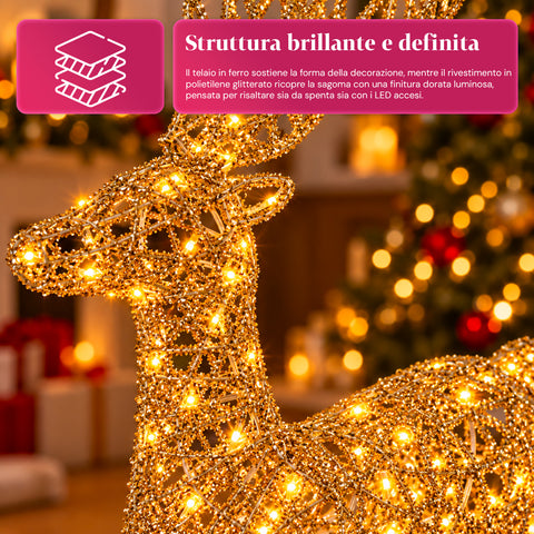 Lichtgevend hert met gouden ledglitters, kerstdecoratie van ijzer en polyethyleen, warm licht via USB, 3 maten: 65, 85 en 110 cm