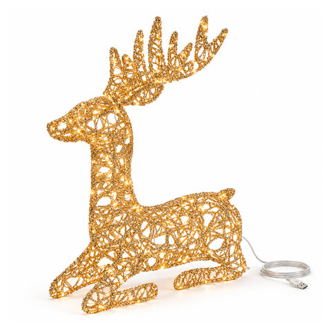 Lichtgevend hert met gouden ledglitters, kerstdecoratie van ijzer en polyethyleen, warm licht via USB, 3 maten: 65, 85 en 110 cm