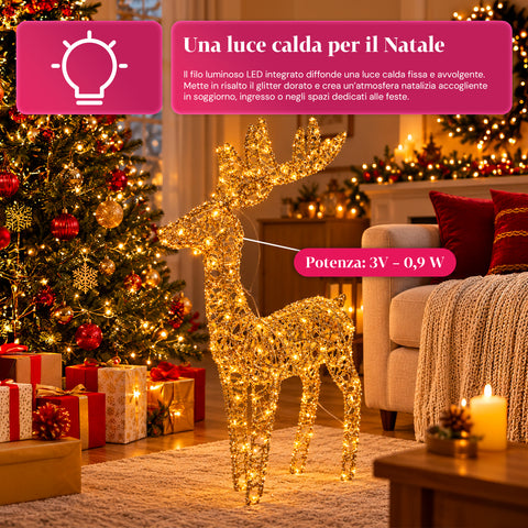 Lichtgevend hert met gouden ledglitters, kerstdecoratie van ijzer en polyethyleen, warm licht via USB, 3 maten: 65, 85 en 110 cm