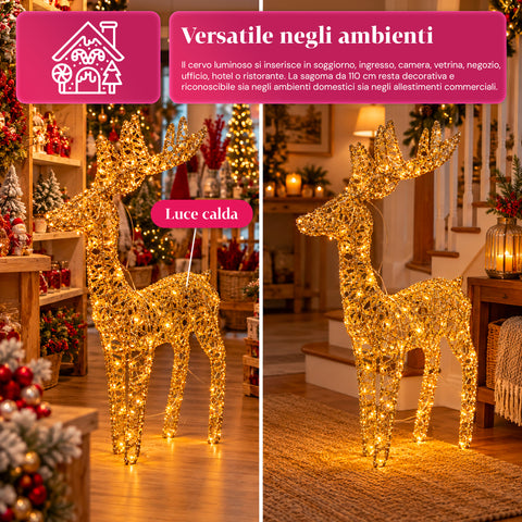 Lichtgevend hert met gouden ledglitters, kerstdecoratie van ijzer en polyethyleen, warm licht via USB, 3 maten: 65, 85 en 110 cm