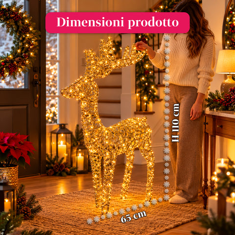 Lichtgevend hert met gouden ledglitters, kerstdecoratie van ijzer en polyethyleen, warm licht via USB, 3 maten: 65, 85 en 110 cm