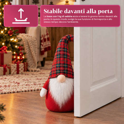 Deurstopper kerstkabouter 60 cm met led in de neus, 3 lichtstanden, gevuld met 1 kg zand, zacht polyester - Bindbox