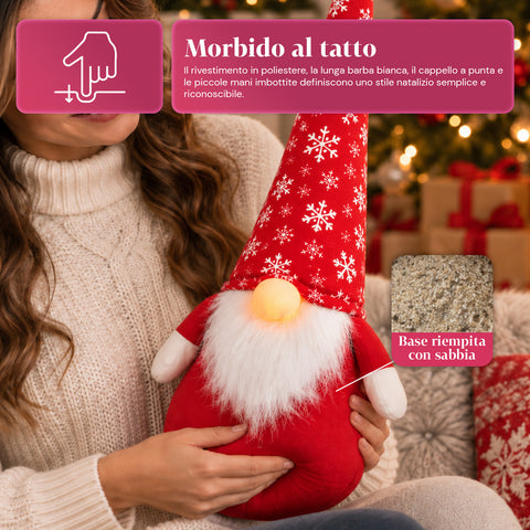 Deurstopper kerstkabouter 60 cm met led in de neus, 3 lichtstanden, gevuld met 1 kg zand, zacht polyester - Bindbox