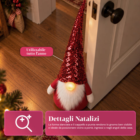 Deurstopper kerstkabouter 60 cm met led in de neus, 3 lichtstanden, gevuld met 1 kg zand, zacht polyester - Bindbox