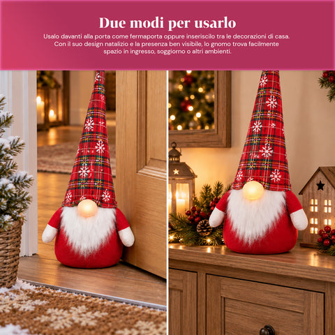 Deurstopper kerstkabouter 60 cm met led in de neus, 3 lichtstanden, gevuld met 1 kg zand, zacht polyester - Bindbox