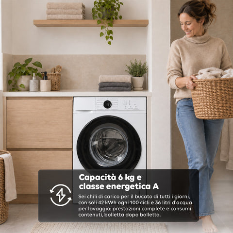 Voorladerwasmachine 6 kg, energieklasse A, 1200 tpm, slim model van 41 cm, stoomfunctie, honingraat­was­trommel, kinderslot, wit of grijs