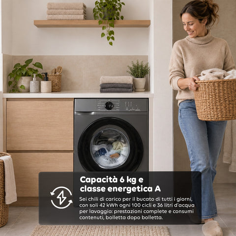 Voorladerwasmachine 6 kg, energieklasse A, 1200 tpm, slim model van 41 cm, stoomfunctie, honingraat­was­trommel, kinderslot, wit of grijs