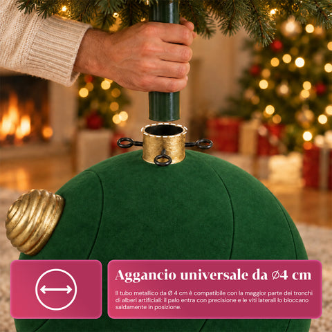 Grote kerstboomvoet met fluweeleffect, 41x41x44 cm, voor bomen tot 180 cm – voetafdekking met bevestiging Ø 4 cm, bordeauxrood en groen