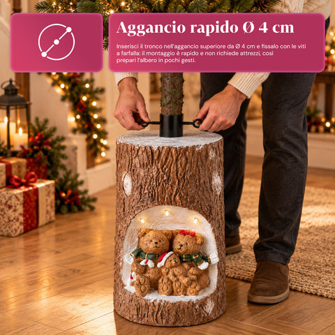 Kerstboomvoet voor boomstammen met bewegende leds en 3D-figuren voor bomen tot 180 cm – ijzeren en magnesium boombeschermvoet met bevestiging Ø 4 cm