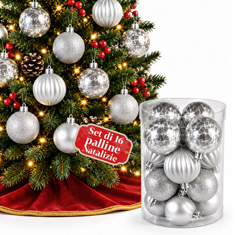 Set van 16 onbreekbare kerstballen van 7 cm - 4 gesorteerde afwerkingen: glanzend, mat en met glitter - decoratie voor boom en huis - rood, goud, zilver