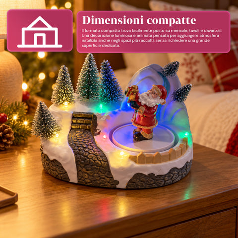 Verlicht kersttafereel met draaiend element, ledverlichting en muziek – 3 varianten: boom, kerstman, kinderen – 17x14x15 cm