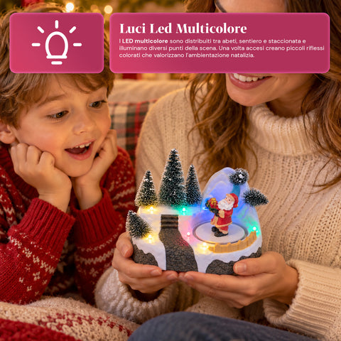 Verlicht kersttafereel met draaiend element, ledverlichting en muziek – 3 varianten: boom, kerstman, kinderen – 17x14x15 cm
