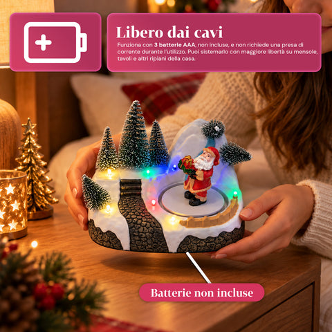 Verlicht kersttafereel met draaiend element, ledverlichting en muziek – 3 varianten: boom, kerstman, kinderen – 17x14x15 cm