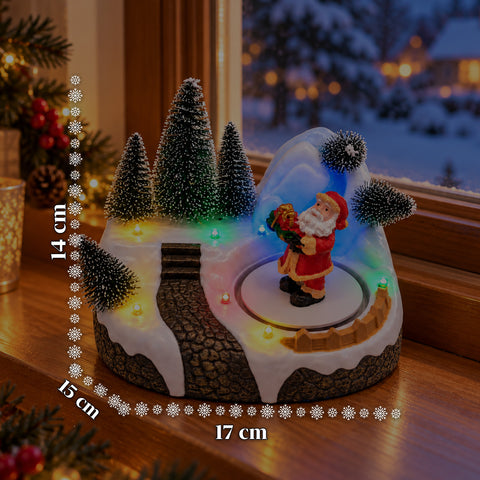Verlicht kersttafereel met draaiend element, ledverlichting en muziek – 3 varianten: boom, kerstman, kinderen – 17x14x15 cm