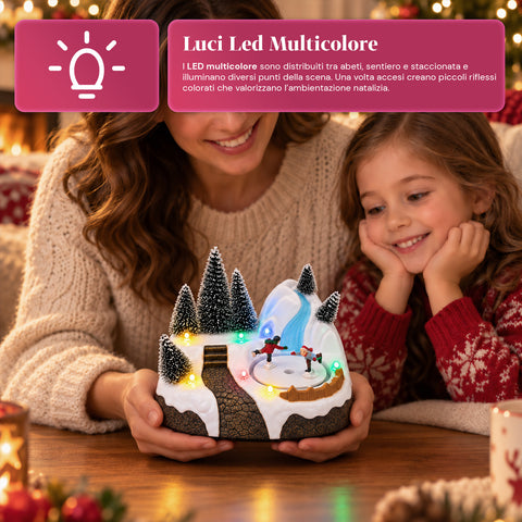 Verlicht kersttafereel met draaiend element, ledverlichting en muziek – 3 varianten: boom, kerstman, kinderen – 17x14x15 cm