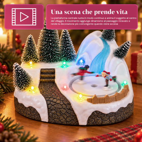 Verlicht kersttafereel met draaiend element, ledverlichting en muziek – 3 varianten: boom, kerstman, kinderen – 17x14x15 cm
