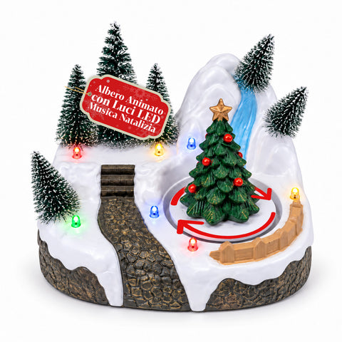 Verlicht kersttafereel met draaiend element, ledverlichting en muziek – 3 varianten: boom, kerstman, kinderen – 17x14x15 cm