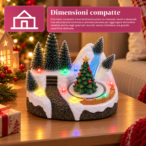 Verlicht kersttafereel met draaiend element, ledverlichting en muziek – 3 varianten: boom, kerstman, kinderen – 17x14x15 cm