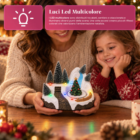 Verlicht kersttafereel met draaiend element, ledverlichting en muziek – 3 varianten: boom, kerstman, kinderen – 17x14x15 cm