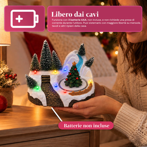 Verlicht kersttafereel met draaiend element, ledverlichting en muziek – 3 varianten: boom, kerstman, kinderen – 17x14x15 cm