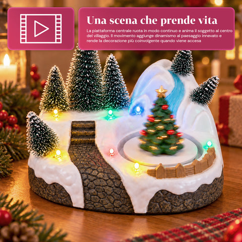 Verlicht kersttafereel met draaiend element, ledverlichting en muziek – 3 varianten: boom, kerstman, kinderen – 17x14x15 cm