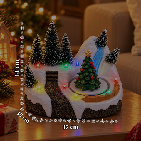 Verlicht kersttafereel met draaiend element, ledverlichting en muziek – 3 varianten: boom, kerstman, kinderen – 17x14x15 cm
