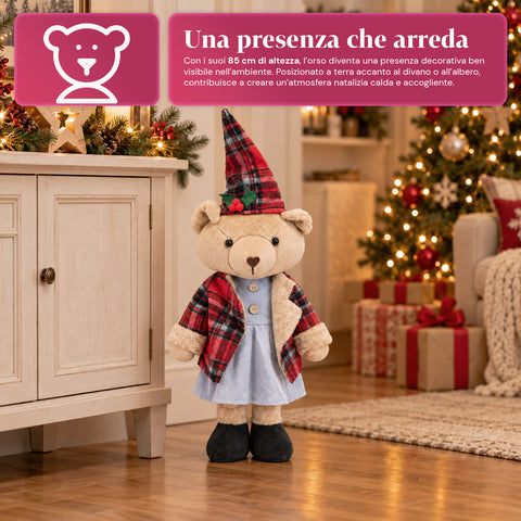 Decoratieve kerstbeer 85 cm, decoratief knuffelbeest met hoed en geruite outfit, stabiele basis, rood of bruin tartan