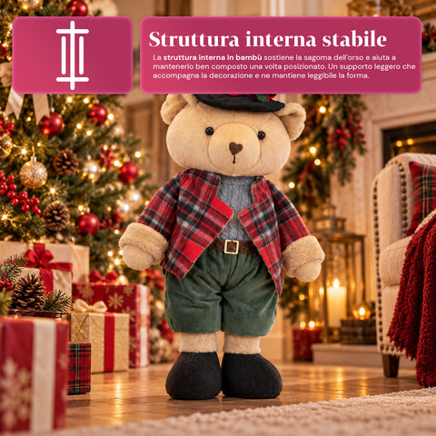 Decoratieve kerstbeer 85 cm, decoratief knuffelbeest met hoed en geruite outfit, stabiele basis, rood of bruin tartan