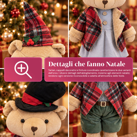 Decoratieve kerstbeer 85 cm, decoratief knuffelbeest met hoed en geruite outfit, stabiele basis, rood of bruin tartan