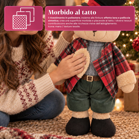 Decoratieve kerstbeer 85 cm, decoratief knuffelbeest met hoed en geruite outfit, stabiele basis, rood of bruin tartan