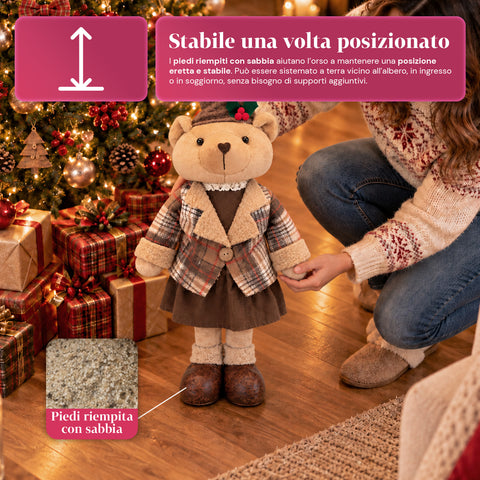 Decoratieve kerstbeer 85 cm, decoratief knuffelbeest met hoed en geruite outfit, stabiele basis, rood of bruin tartan