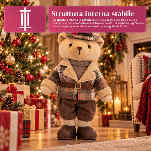 Decoratieve kerstbeer 85 cm, decoratief knuffelbeest met hoed en geruite outfit, stabiele basis, rood of bruin tartan