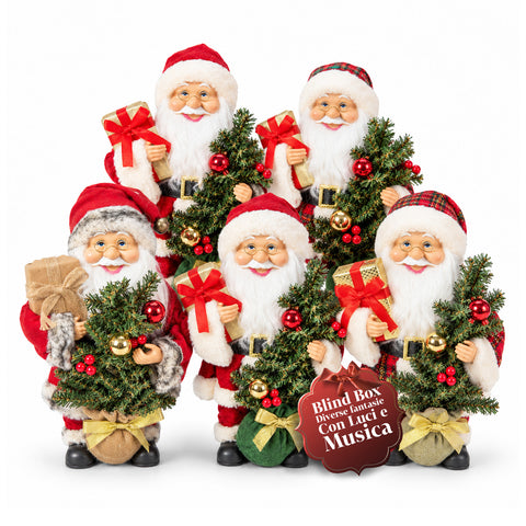 Kerstman met kerstboom 40 cm, muzikaal kerstbeeldje met knipperende lichtjes, batterijen inbegrepen, blindbox