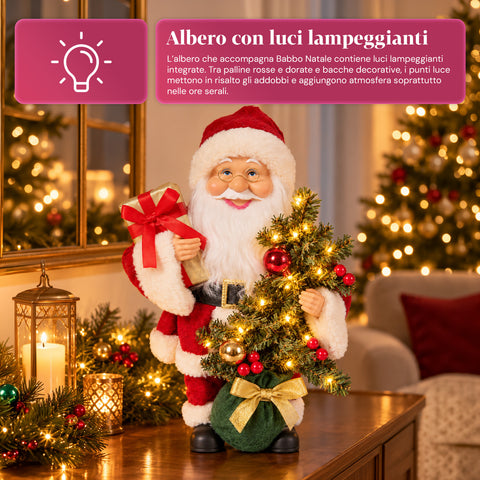Kerstman met kerstboom 40 cm, muzikaal kerstbeeldje met knipperende lichtjes, batterijen inbegrepen, blindbox