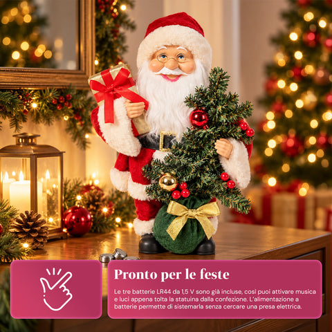 Kerstman met kerstboom 40 cm, muzikaal kerstbeeldje met knipperende lichtjes, batterijen inbegrepen, blindbox