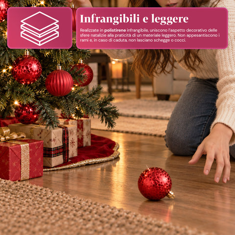 Set van 16 onbreekbare kerstballen van 7 cm - 4 gesorteerde afwerkingen: glanzend, mat en met glitter - decoratie voor boom en huis - rood, goud, zilver