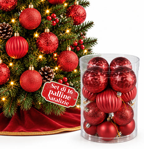 Set van 16 onbreekbare kerstballen van 7 cm - 4 gesorteerde afwerkingen: glanzend, mat en met glitter - decoratie voor boom en huis - rood, goud, zilver