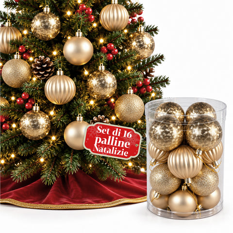 Set van 16 onbreekbare kerstballen van 7 cm - 4 gesorteerde afwerkingen: glanzend, mat en met glitter - decoratie voor boom en huis - rood, goud, zilver