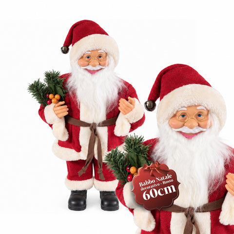 Decoratieve kerstman van 60 cm met dennentak en kerstversieringen – gedetailleerd kerstbeeld in 4 varianten: rood, eskimo, wit, grijs